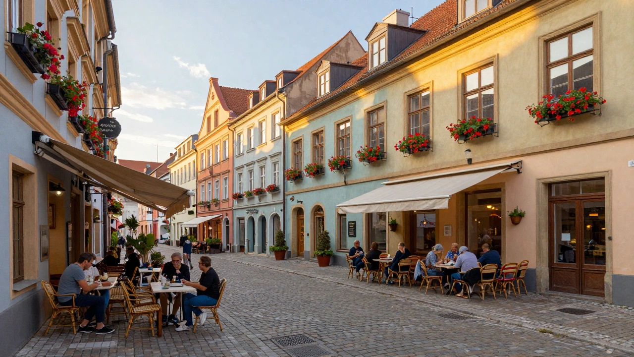 A charming European cobblestone street scene at golden hour, featuring quaint cafés with outdoor seating occupied by people enjoying coffee, surrounded by historic buildings with colorful facades and flower boxes.