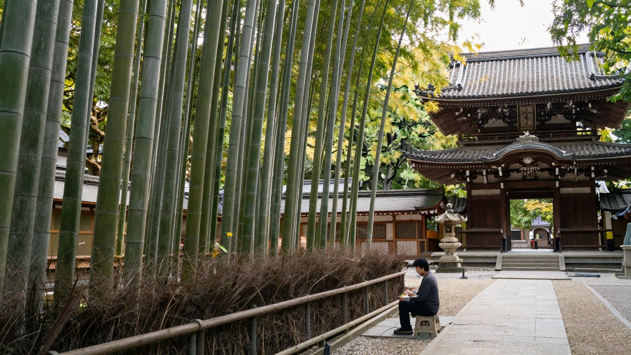 A serene Japanese bamboo forest with soft sunlight filtering through tall stalks, alongside a traditional temple and a person participating in a calming tea ceremony, embodying mindfulness and cultural immersion.