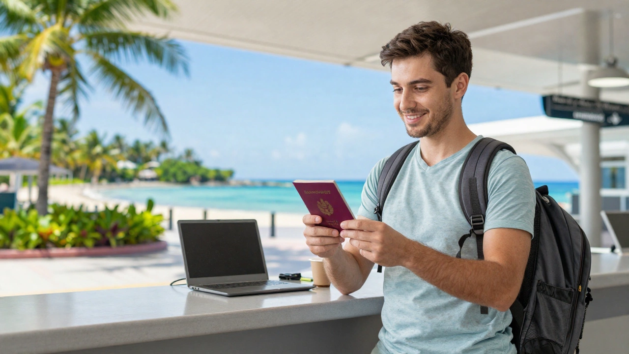 A relaxed traveler at a sunny airport border control, effortlessly presenting their passport with a smile, surrounded by lush tropical scenery indicating a popular visa-free destination like the Caribbean or Asia-Pacific.