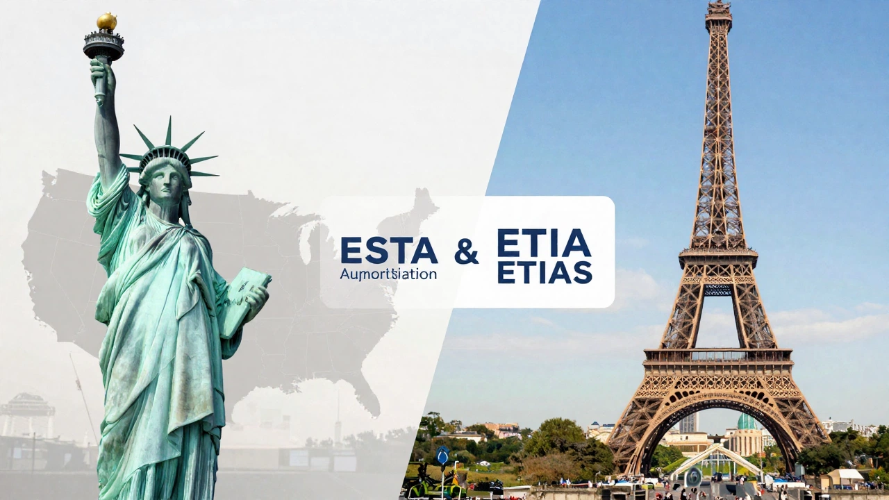 A dynamic split-scene showing iconic landmarks from the U.S. (such as the Statue of Liberty) on one side and famous European sites (like the Eiffel Tower) on the other, symbolizing the new ESTA and ETIAS visa authorization systems, with a modern, digital security atmosphere and a sense of global connectivity.