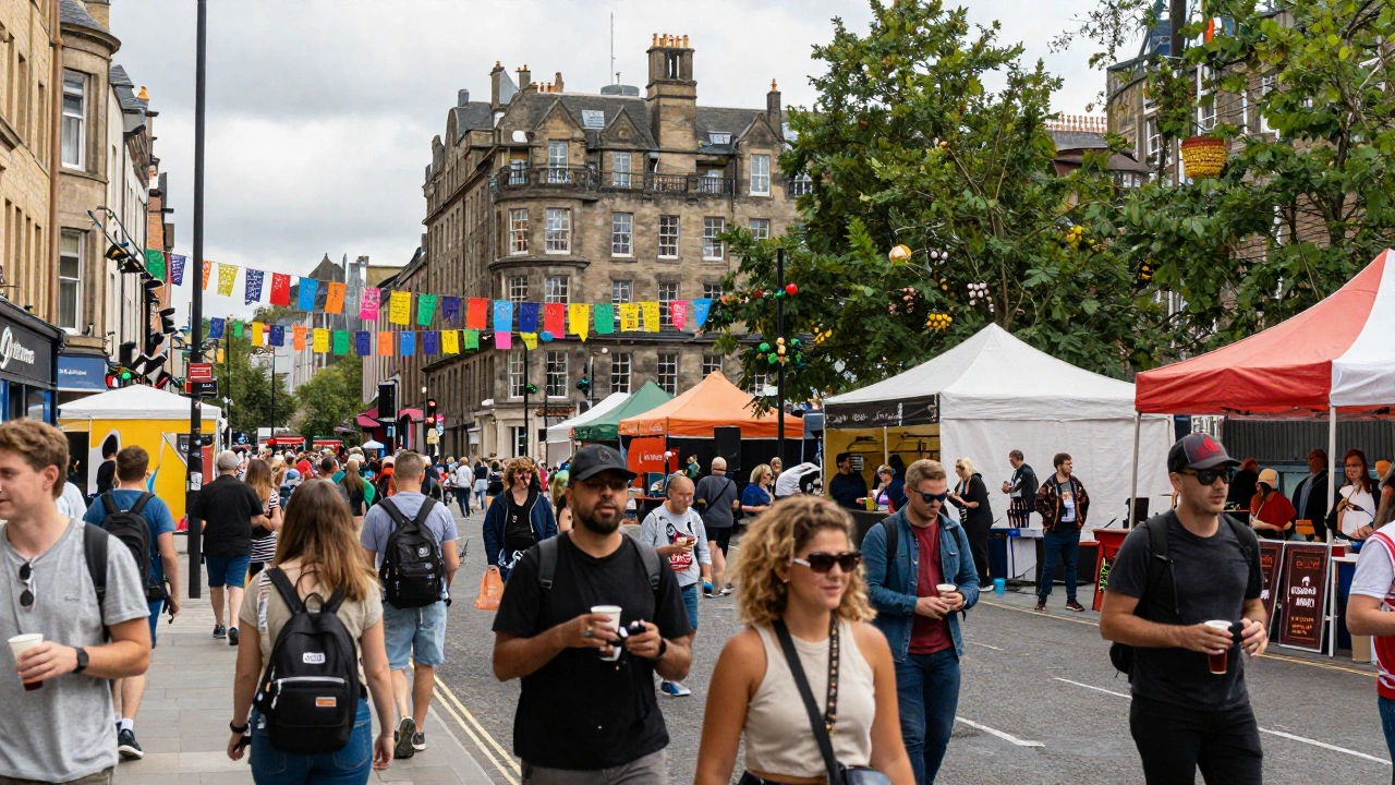 A vibrant street scene in London or Edinburgh during a cultural festival, filled with diverse crowds enjoying music, colorful decorations, and historic architecture in the background.