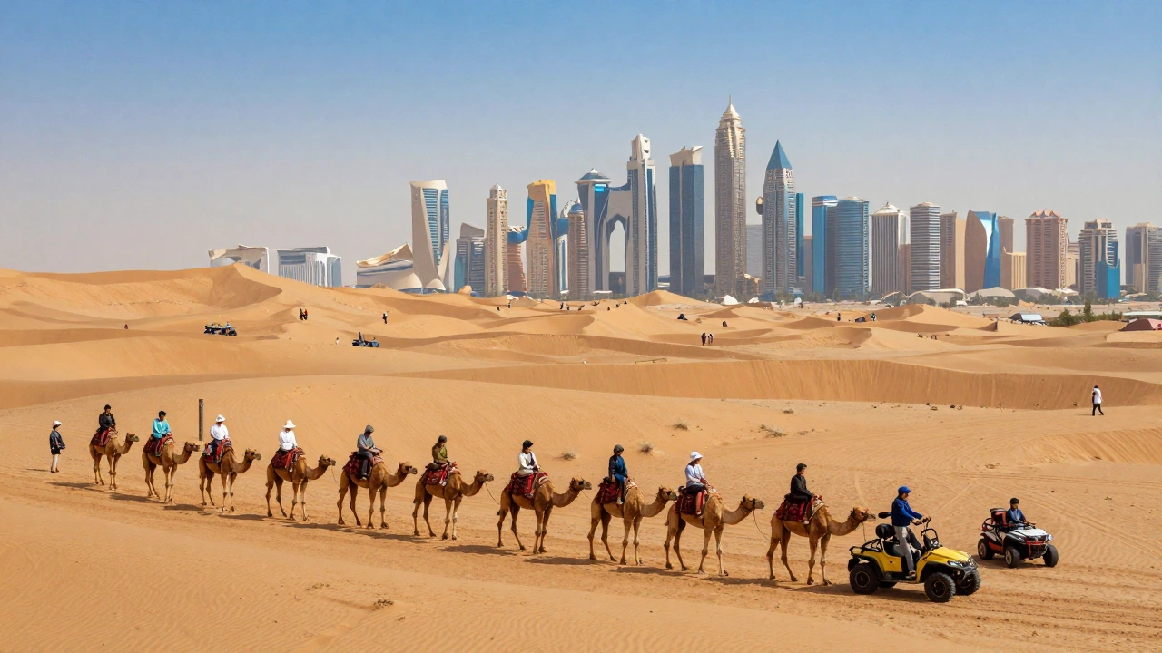 A luxurious desert landscape with golden sand dunes under a clear blue sky, modern skyscrapers of a glamorous city like Dubai in the background, with a group of tourists embarking on a desert safari riding camels and dune buggies.