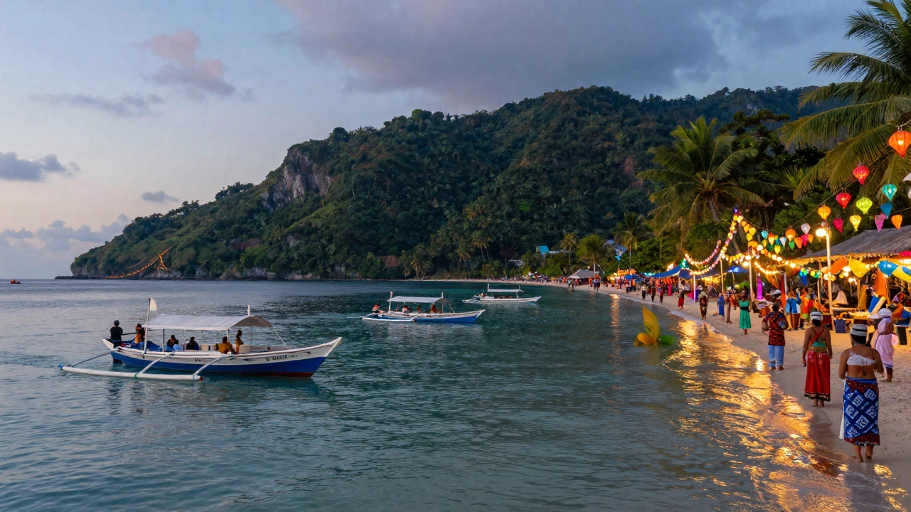 A serene tropical coastal scene with calm turquoise waters and lush green mountains, traditional boats floating gently on the water, while colorful lanterns are released into the evening sky during a festive festival; local people wearing traditional clothing celebrate outdoors in a warm climate.