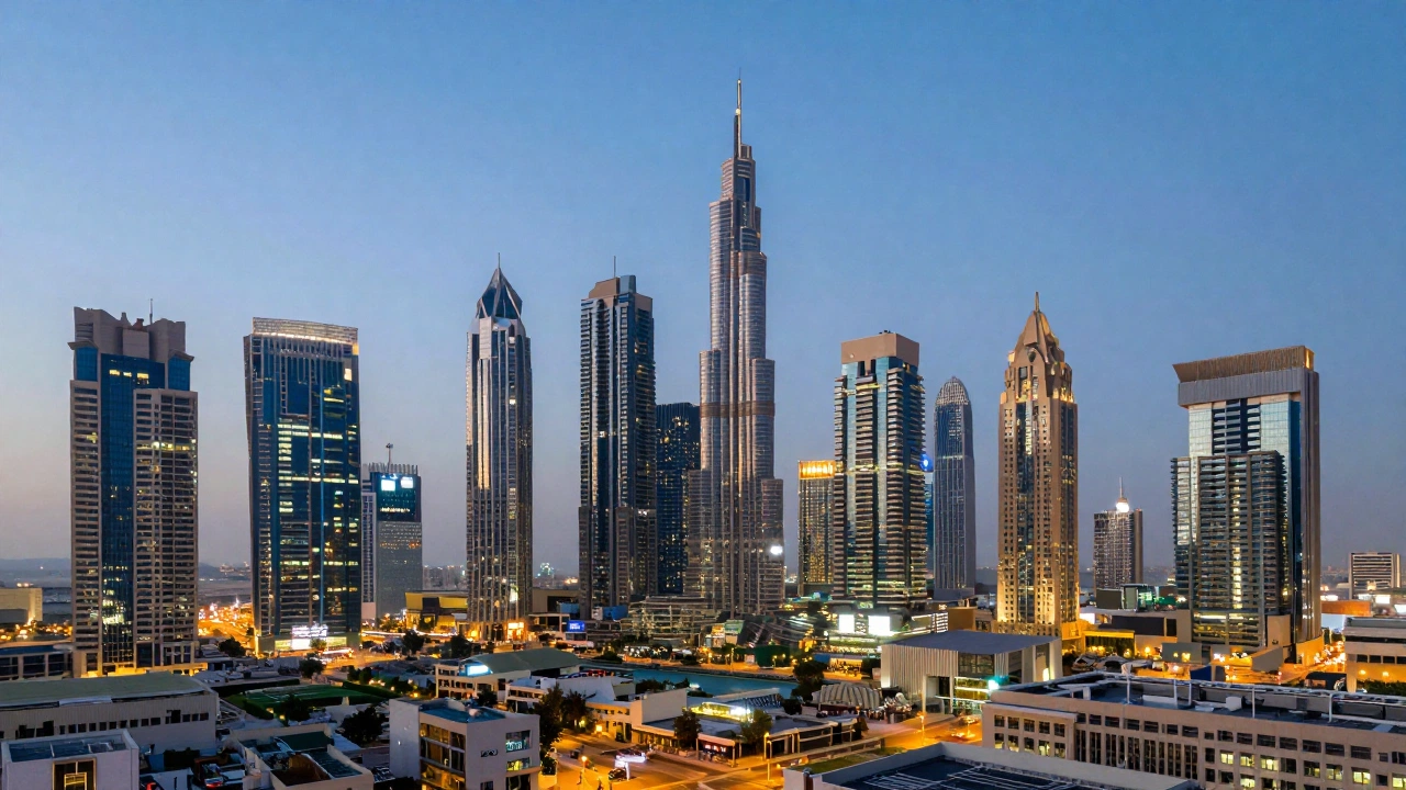 A vibrant Dubai cityscape at dusk with modern skyscrapers illuminated, showing a safe and bustling urban environment under a clear sky, conveying security and alertness.