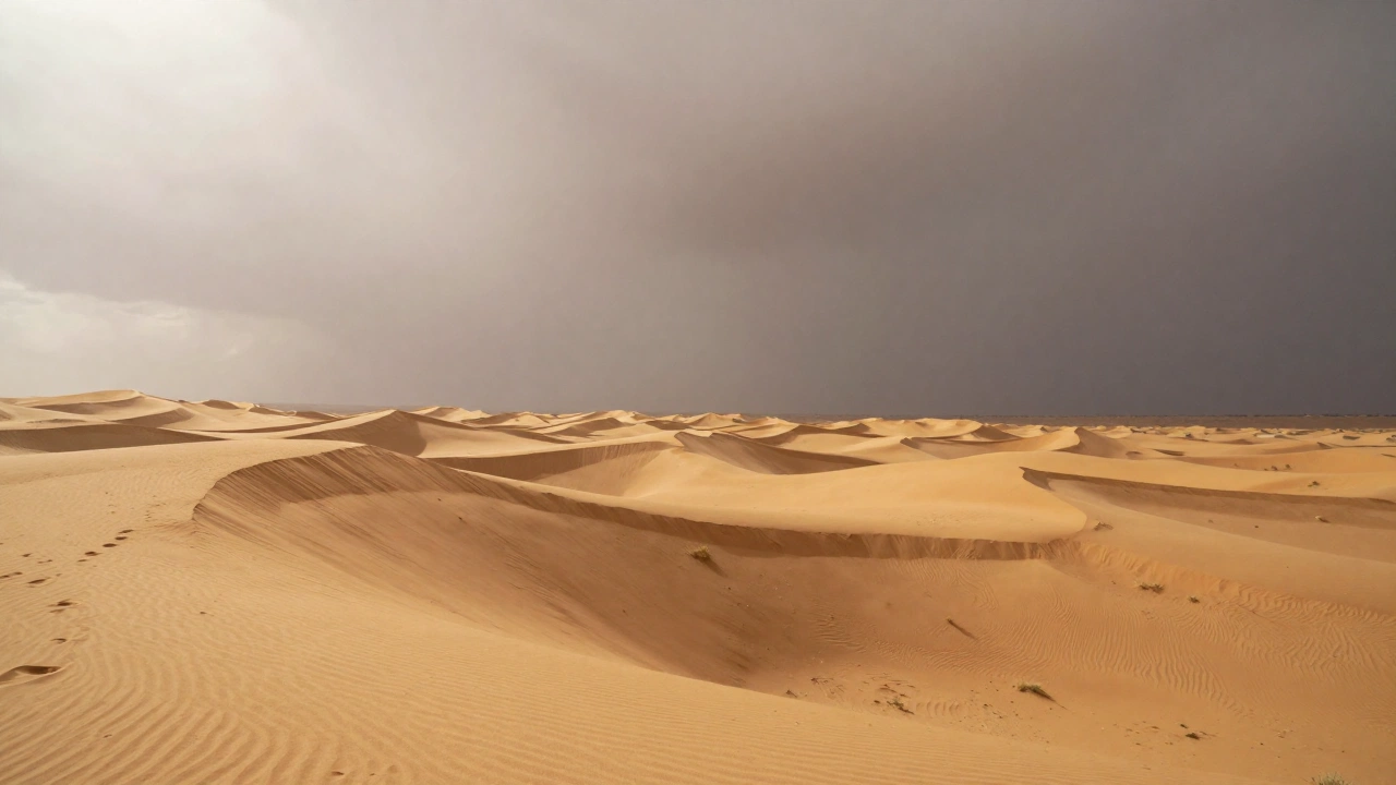 A desert scene with intense sunlight casting long shadows over sand dunes, accompanied by a sudden sandstorm reducing visibility, capturing the harsh natural conditions like extreme heat and sandstorms.