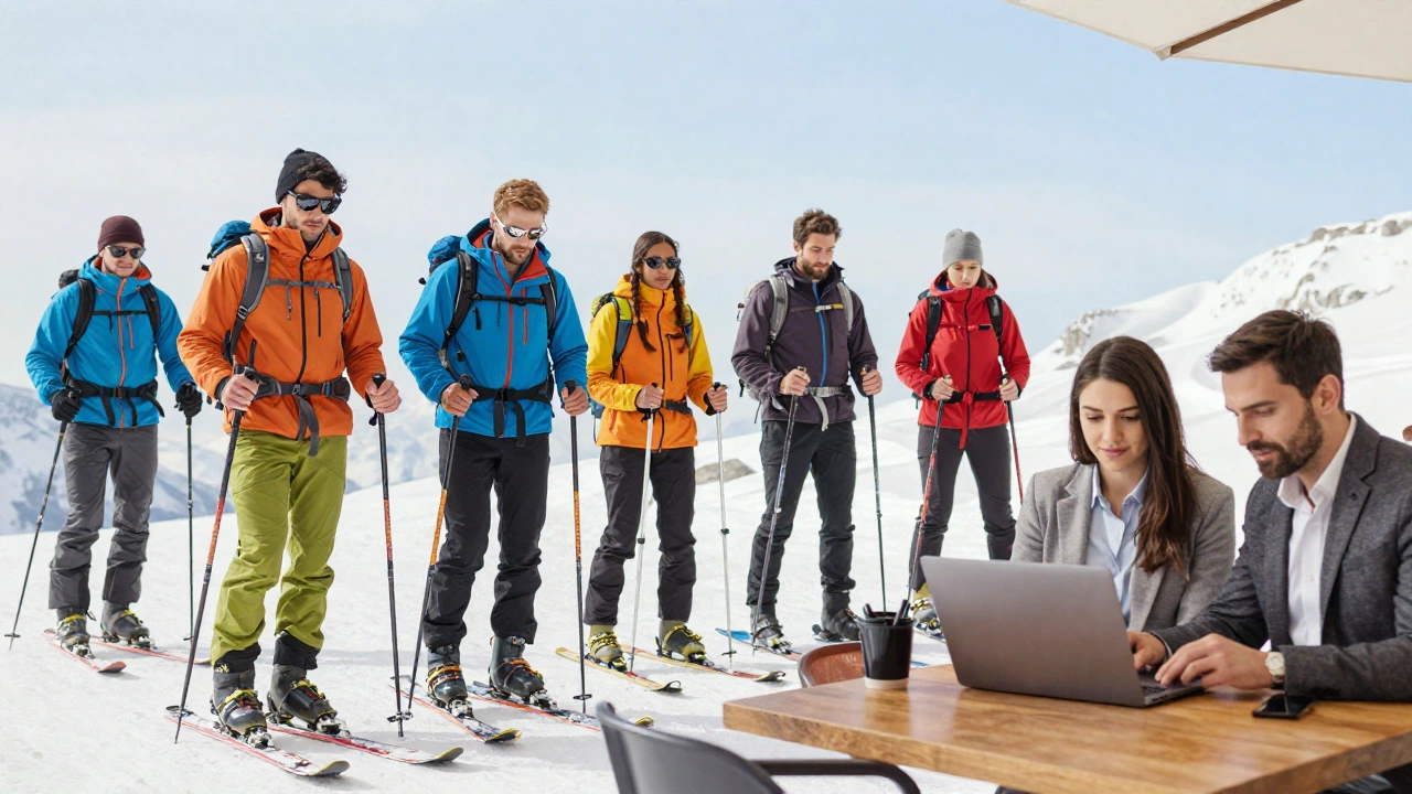 A diverse group of travelers outdoors, some skiing or mountain climbing, others working on laptops in a café, symbolizing different types of travel insurance needs like adventure sports and business travel, all under a bright sky conveying protection and readiness.