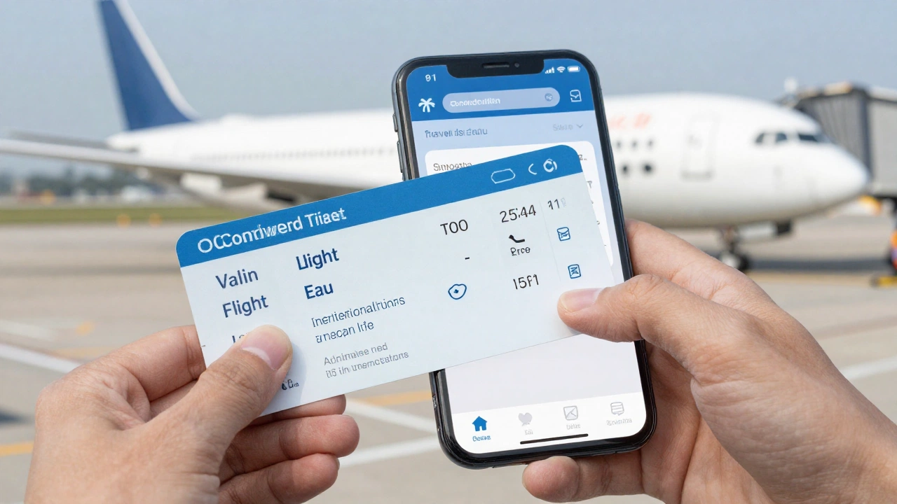 holding confirmed onward ticket to enter USA on tourist visa showing travel app and paper ticket