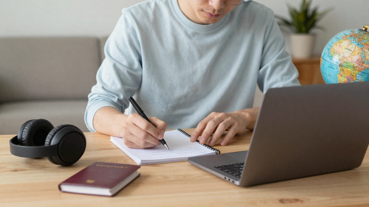 calm traveler booking onward ticket for Canada tourist visa application at home desk