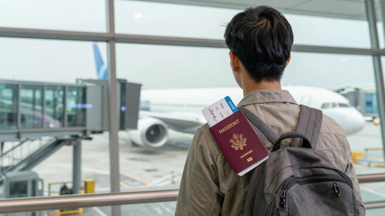 traveler holding plane ticket at airport terminal preparing onward ticket for digital nomad visa applications
