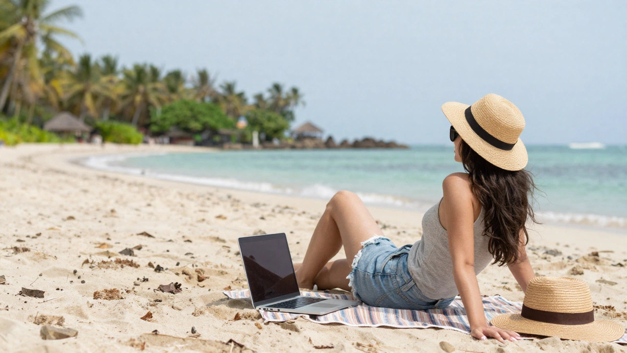 relaxed digital nomad at tropical destination representing flexible onward ticket for digital nomad visa applications