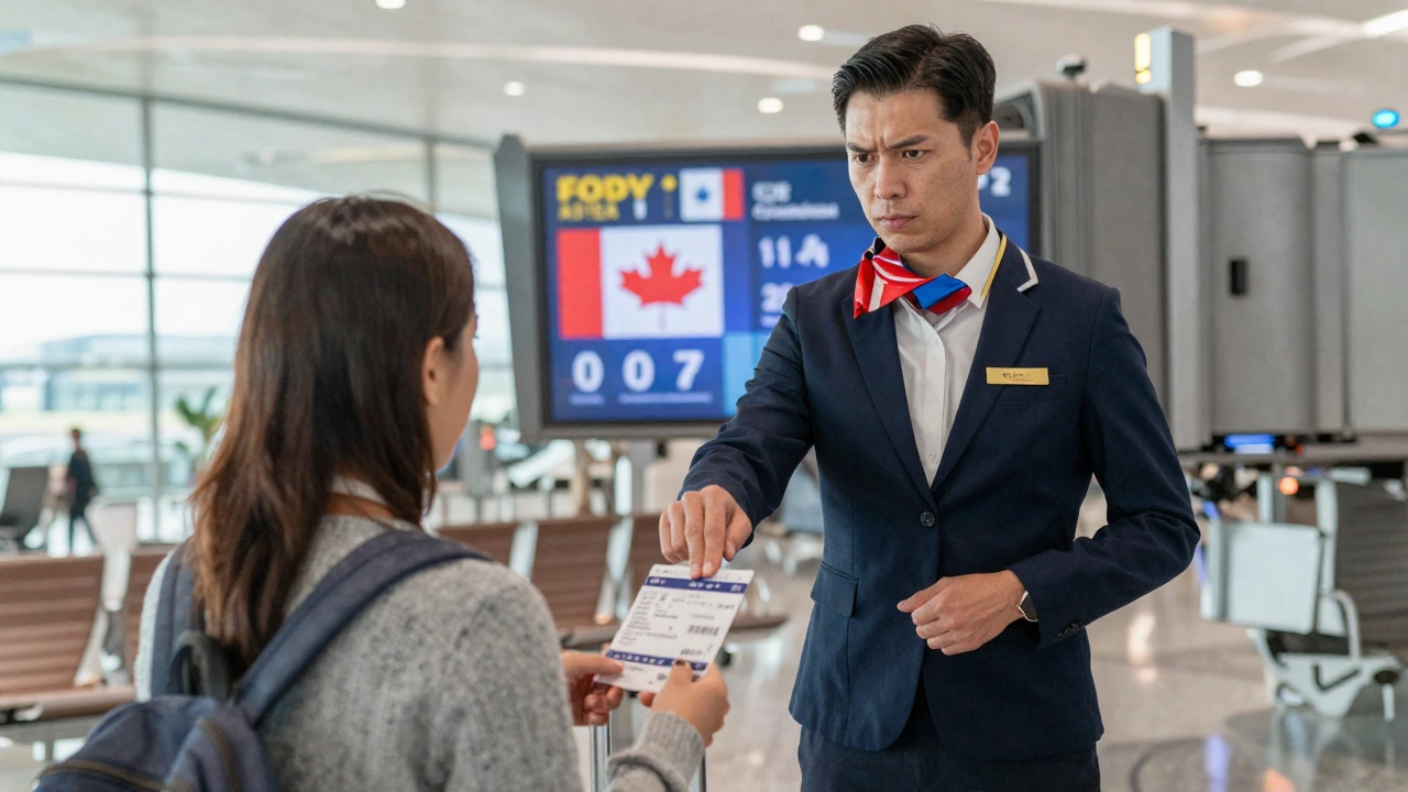 airport boarding gate staff denying boarding over onward ticket requirement for Canada visitor visa