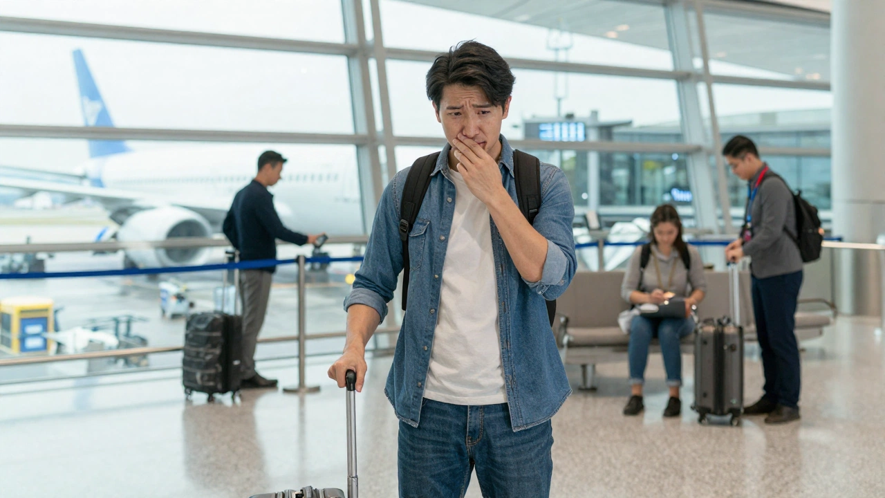 traveler checking in with luggage at airport preparing to satisfy onward ticket requirement for South Korea tourist visa