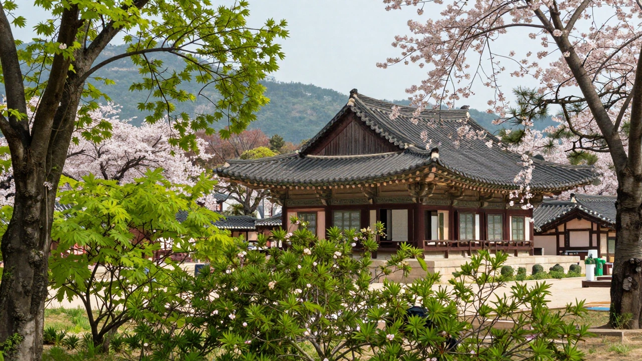 serene traditional Korean palace surrounded by greenery illustrating onward ticket requirement for South Korea tourist visa compliance