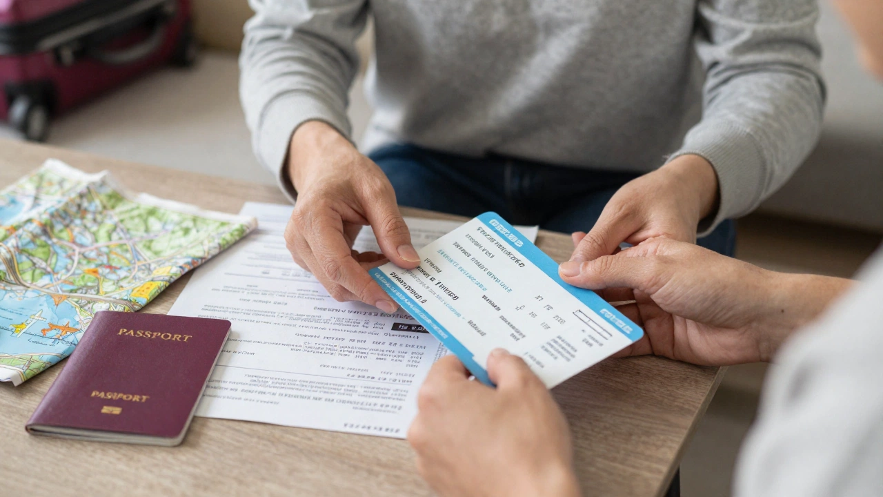 traveler organizing printed onward ticket requirement for Philippines tourist visa with passport and travel gear