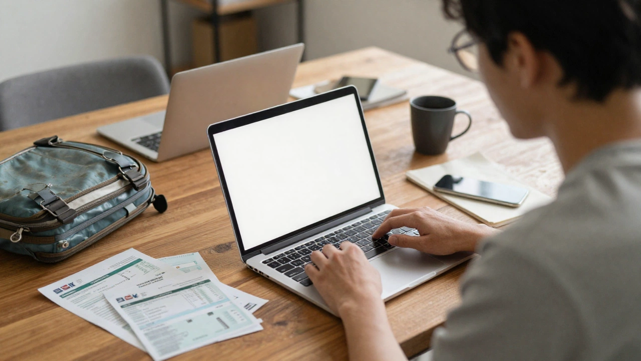 focused traveler booking tickets online as thoughtful proof of onward travel for digital nomad visas