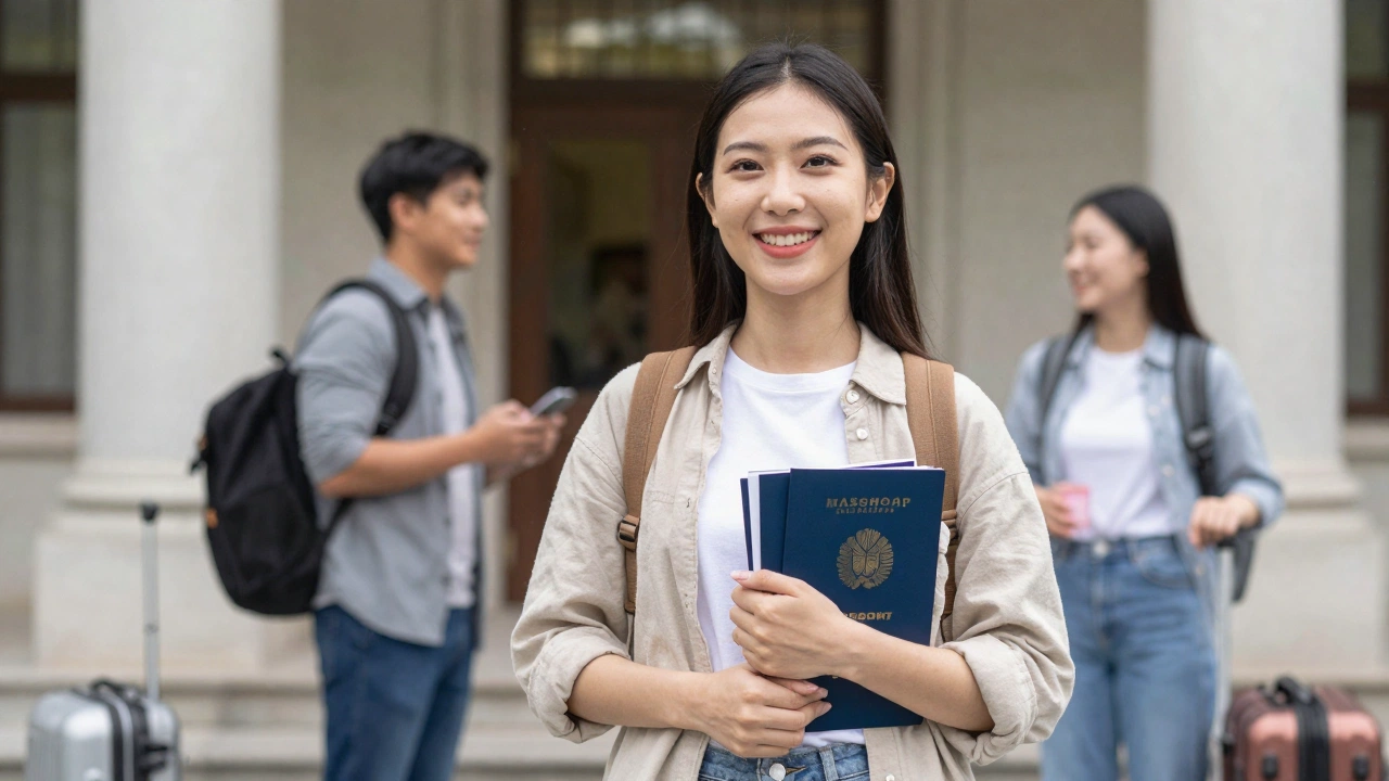 happy young woman representing Ana who used visa application documents checklist for first timers holding organized visa paperwork outside embassy