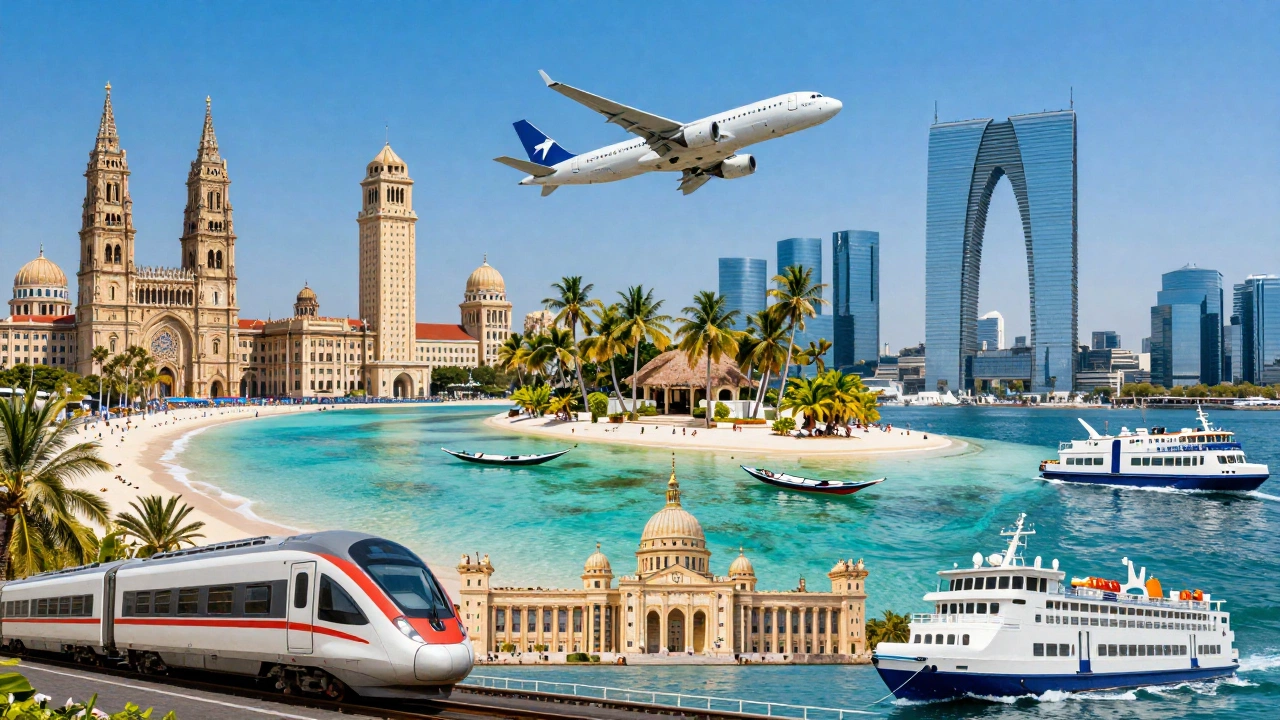 vibrant collage-style scene showing iconic landmarks with transportation modes for proof of onward travel for digital nomad visas