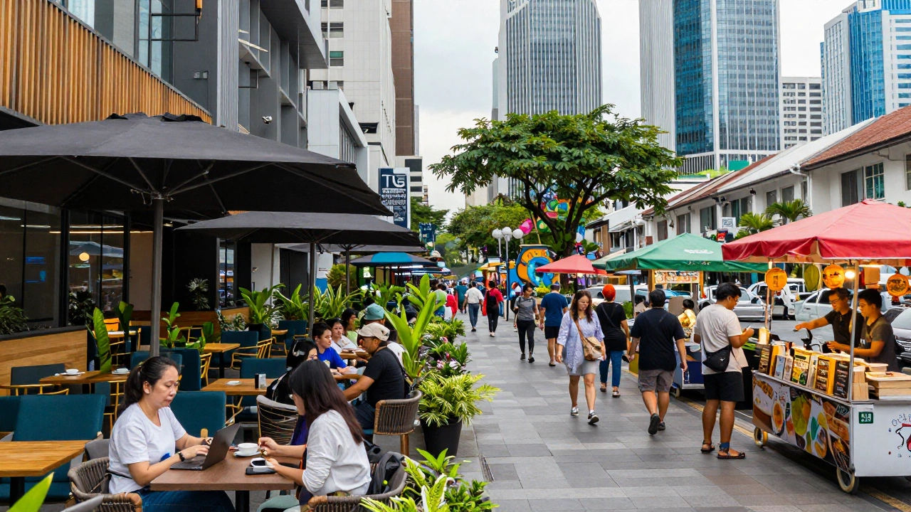bustling Southeast Asia city street showing digital nomads working in coworking spaces and street cafes