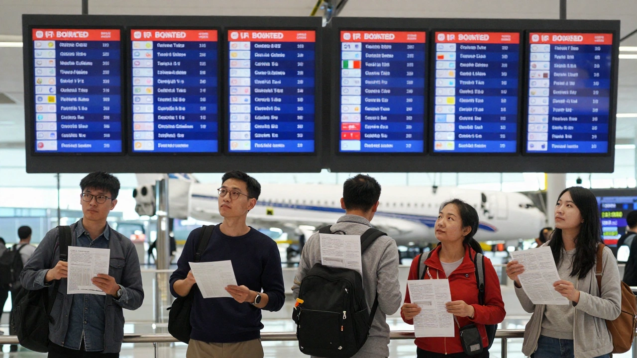 dynamic airport scene illustrating flight itinerary for visa application vs booked ticket difference with passengers holding tentative itineraries and confirmed tickets