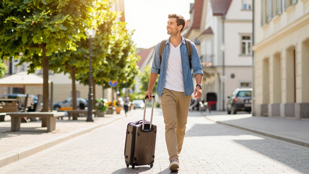 joyful solo traveler confidently showing proof of onward travel explained for beginners while exploring a scenic foreign city street