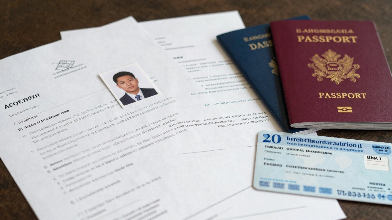 official documents required for visa applications in 2026 neatly arranged on table including passports and acceptance letters