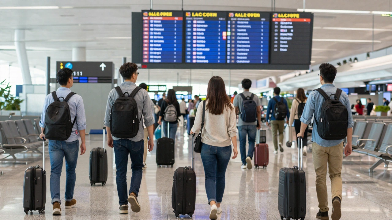 travelers at an airport departure lounge holding onward ticket for Schengen visa application ready for boarding