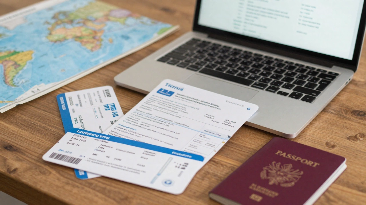 travel documents and itinerary highlighting onward ticket for Schengen visa application on a wooden table