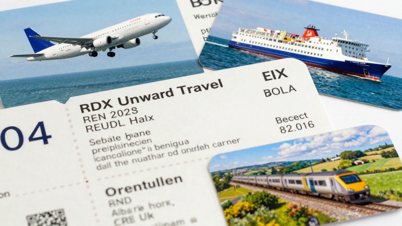 various types of travel tickets including airplane, ferry, and train illustrating onward ticket for UK visitor visa requirements