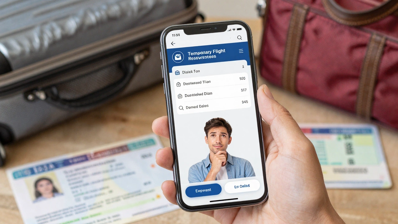 traveler holding smartphone showing temporary flight reservation dummy ticket for visa purposes on table with travel bags and documents