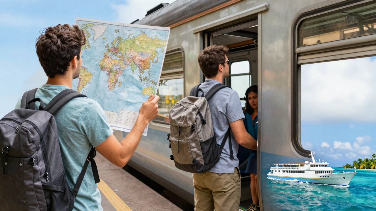 collage of travelers using different onward ticket options showing how long is an onward ticket valid