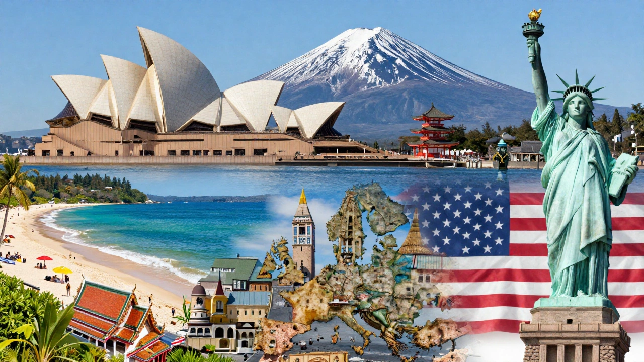 collage of countries known for onward ticket requirements including australia, japan, thailand, schengen area, and usa