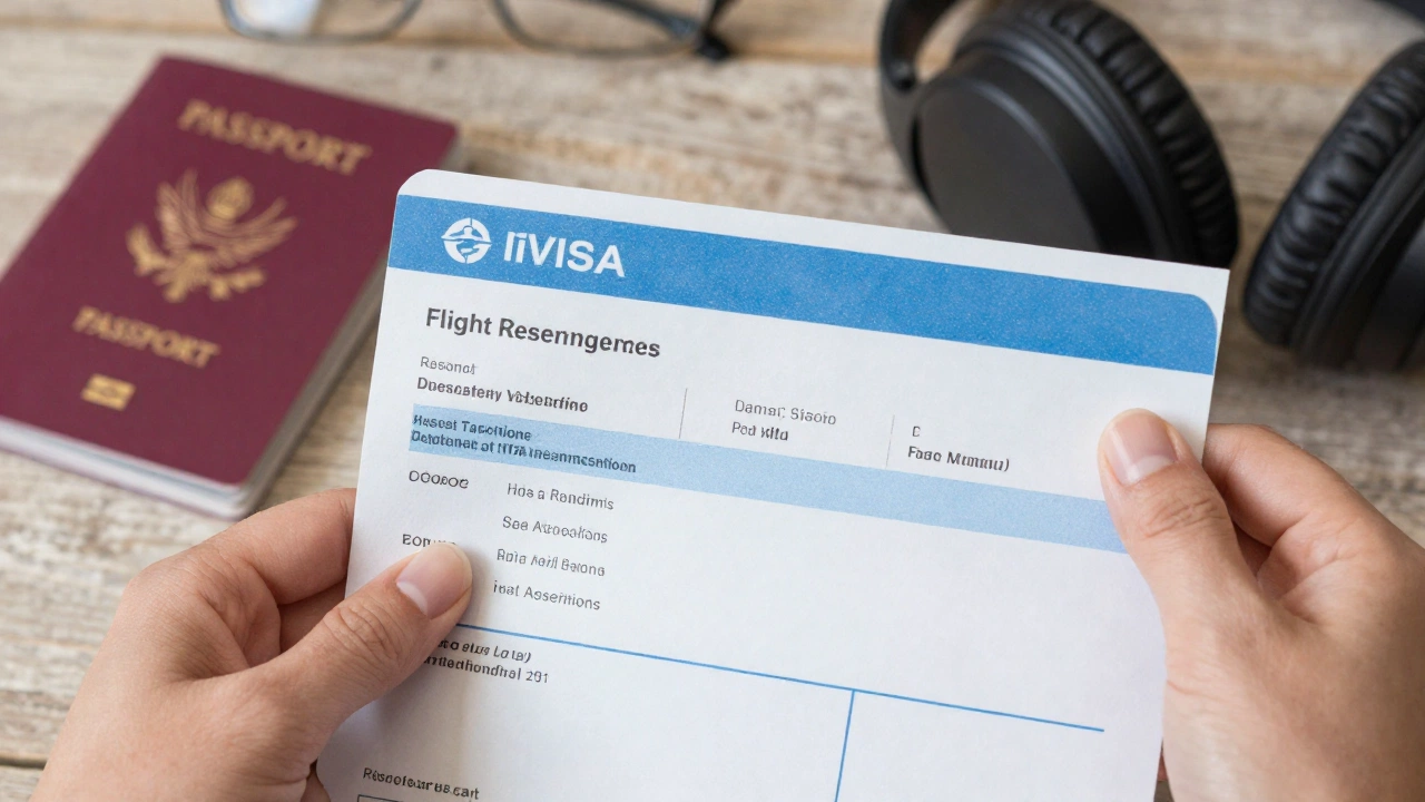 flight reservation for a schengen visa document held in hands with travel essentials around