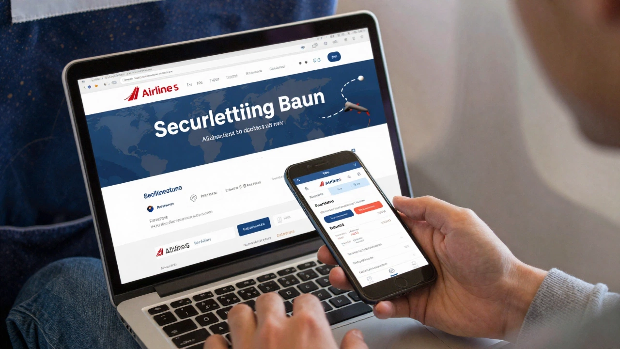 traveler using laptop to book and verify a verifiable flight ticket online securely