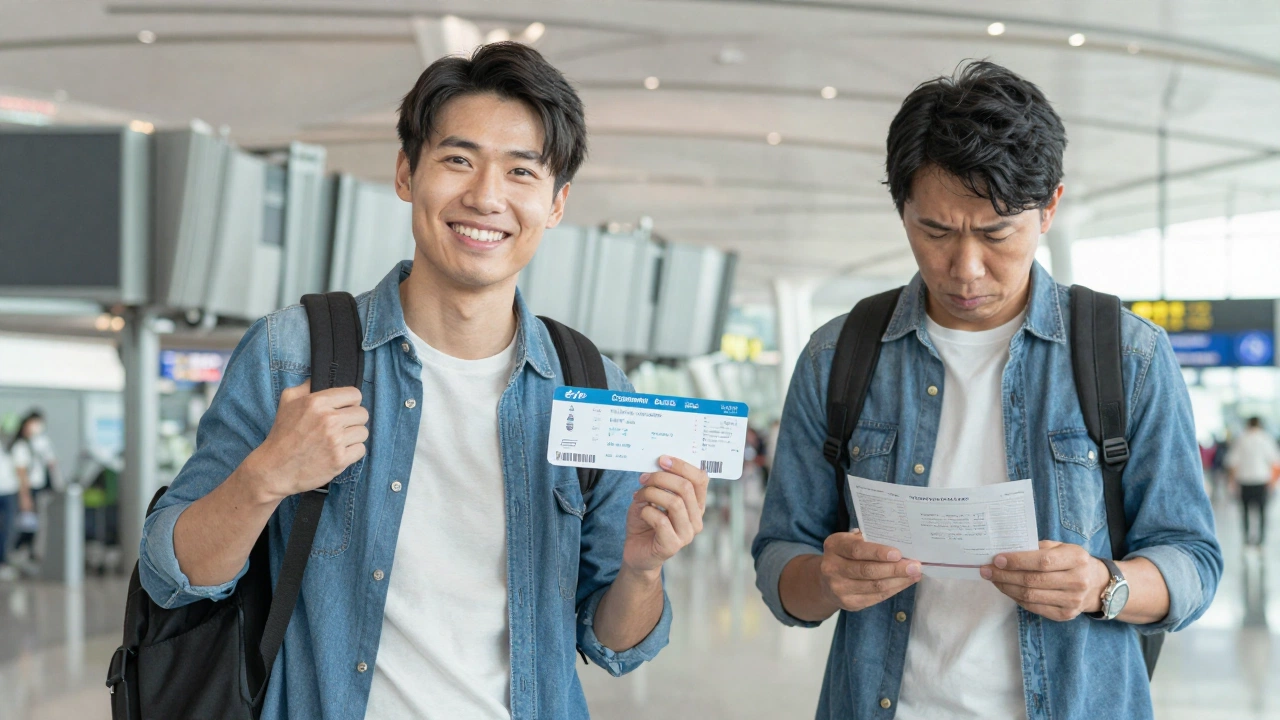 comparison of two travelers at airport showing difference between verified flight ticket and unverified printout