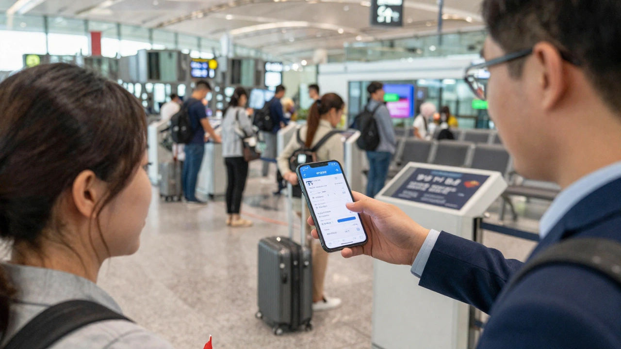 immigration officer checking a temporary flight reservation confirmation on phone at airport checkpoint