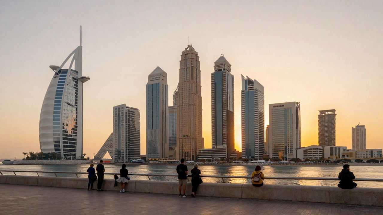 A vibrant cityscape of Dubai (United Arab Emirates) at sunset, showcasing iconic modern architecture with a few tourists enjoying a brief city visit during a stopover, evoking excitement and discovery.