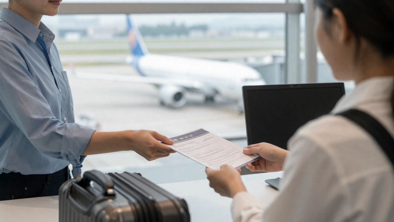 A traveler at an airport counter handing over documents to an airline agent, with luggage nearby and a backdrop of planes on the tarmac, illustrating the process and anticipation involved in securing transit visas and travel preparations.