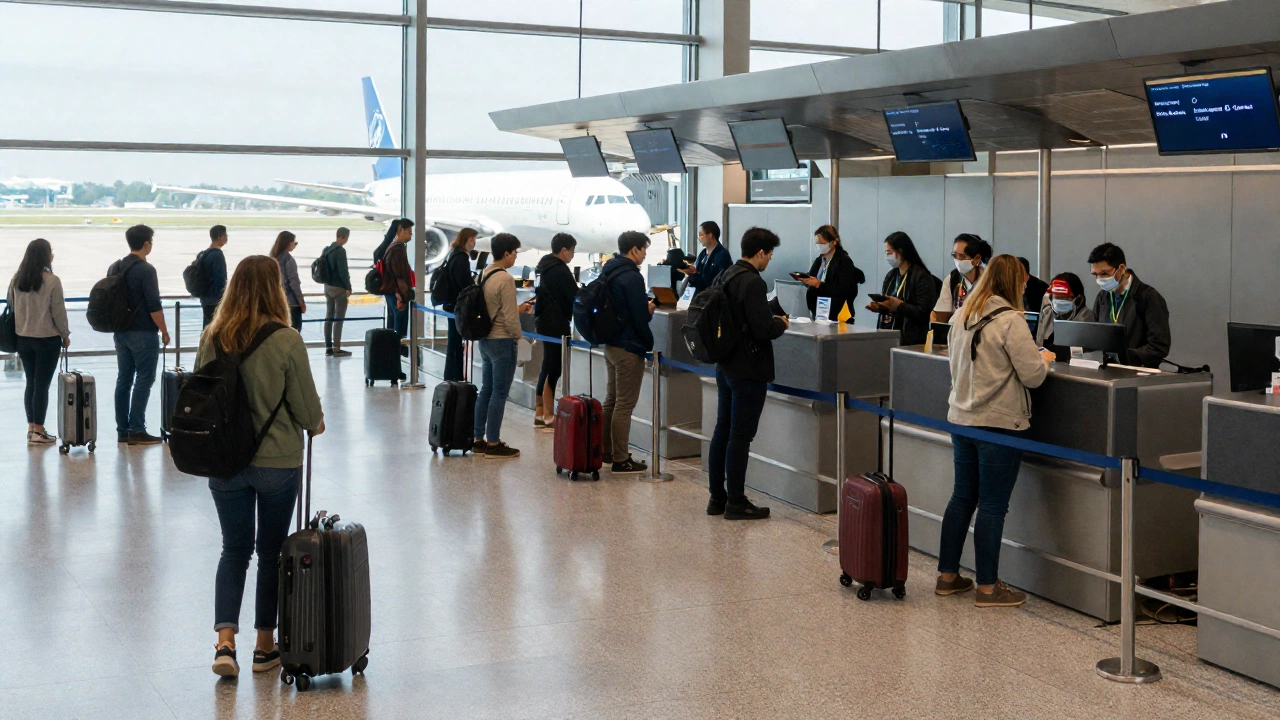 An airport departure scene showing diverse passengers at check-in counters and boarding gates with a backdrop of airplanes on the tarmac under a bright sky, conveying the busy and anticipatory atmosphere related to flight travel and onward ticket requirements.