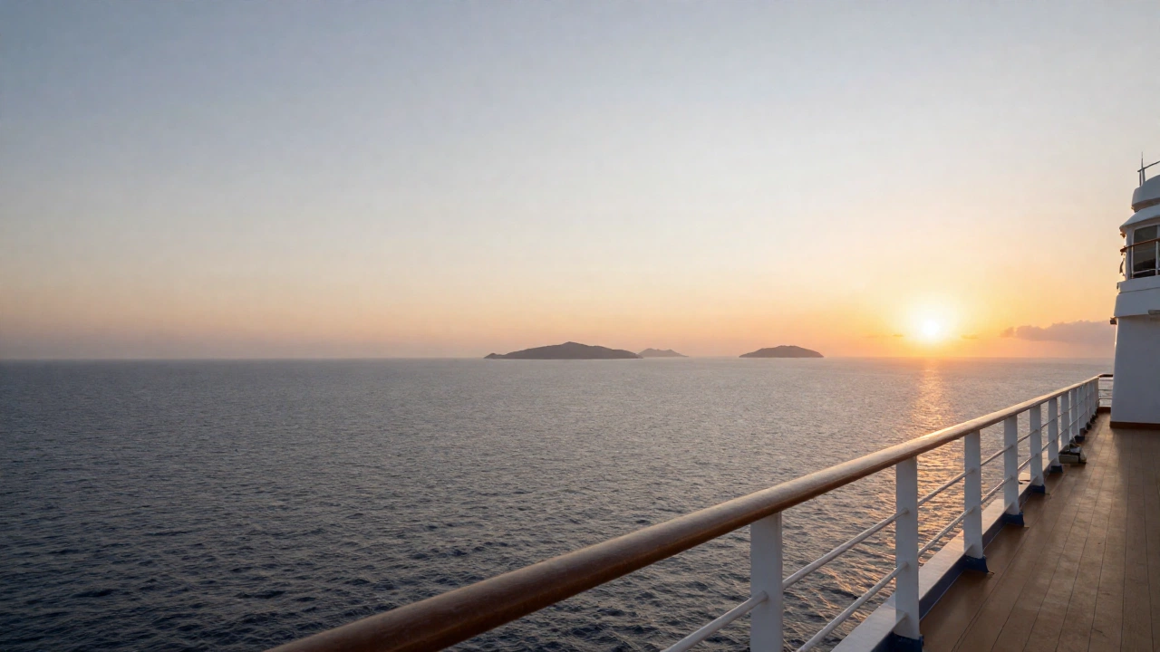 A serene ocean sunset scene viewed from the deck of a cruise ship, with calm waves stretching to the horizon and silhouettes of distant islands, evoking a peaceful and hopeful mood of leaving the country by sea towards new adventures.