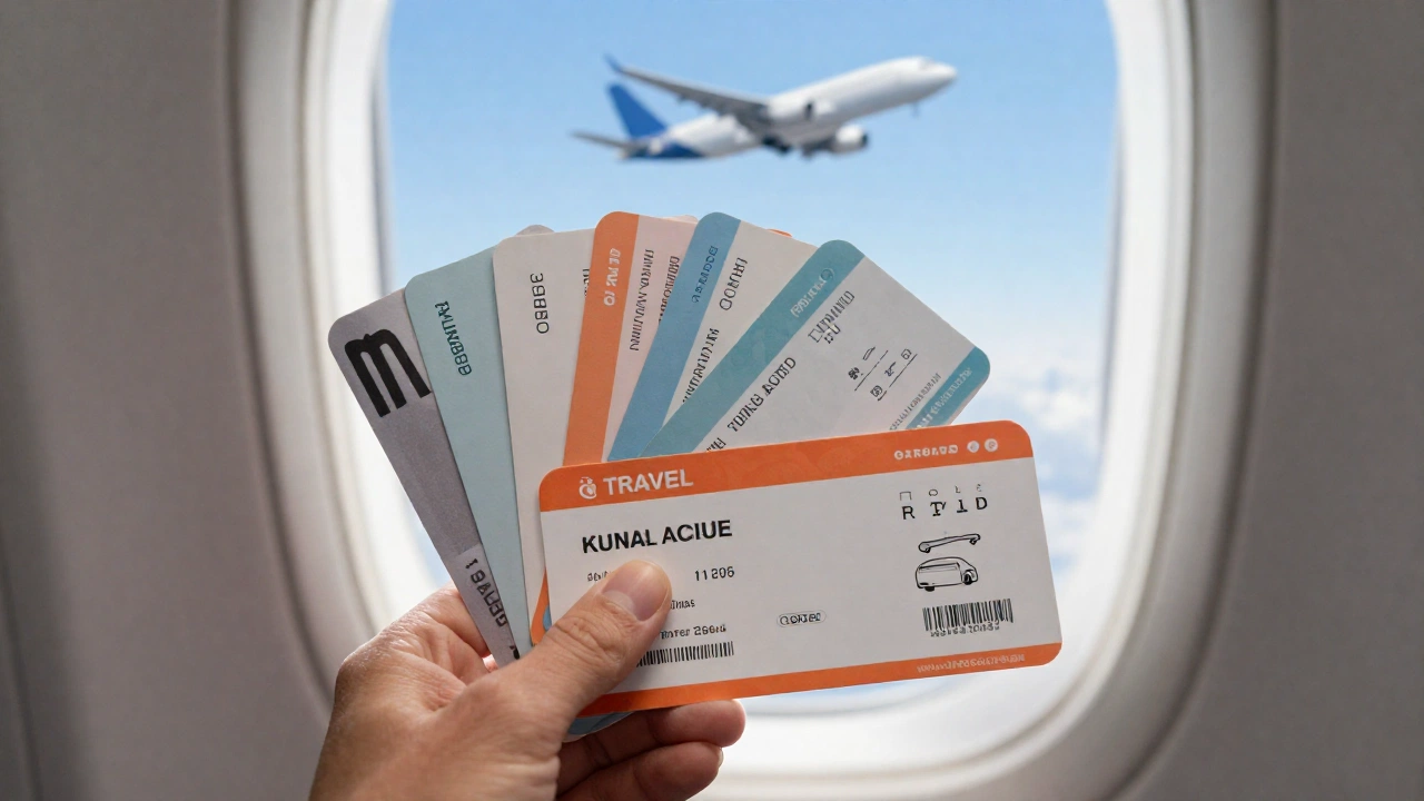 a traveler holding various travel tickets and documents in hand