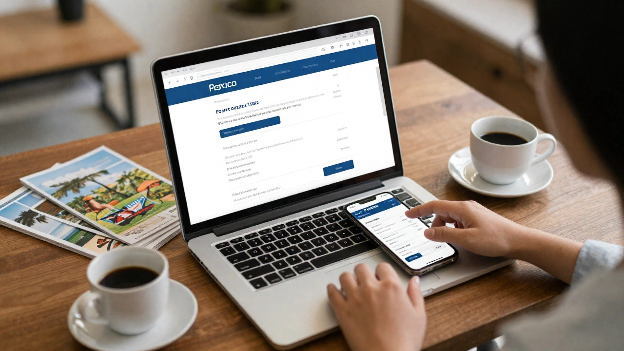 a cozy travel booking office or a relaxed home setting with travel reservations being made