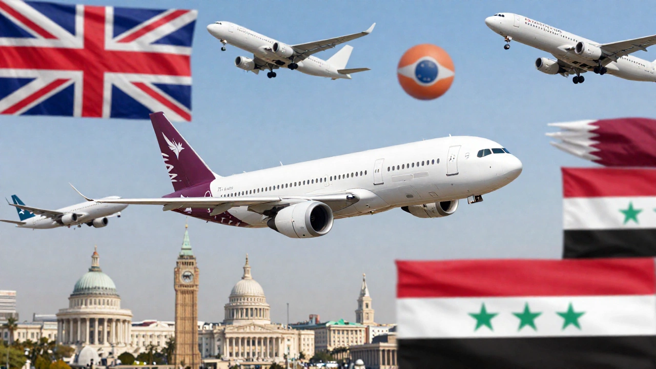 A diverse collage of different international airplanes flying over iconic landmarks of various countries such as the UK, Qatar, and Syria, symbolizing the country-specific travel rules and complexities. The atmosphere is dynamic and vibrant, reflecting the global nature of travel regulations.