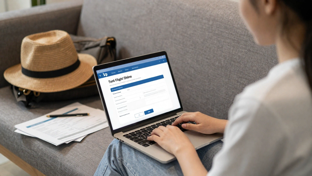 A traveler using a laptop or mobile device in a cozy, modern setting, surrounded by travel gear and documents, booking a temporary flight reservation online on a comfortable couch or cafe. The ambiance is relaxed and hopeful, showing resourcefulness and modern digital travel solutions.
