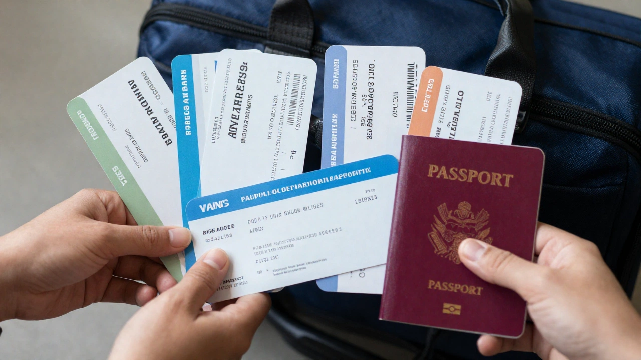 various travel tickets and bookings held in hands, including bus tickets, train passes, ferry tickets, and flight boarding passes