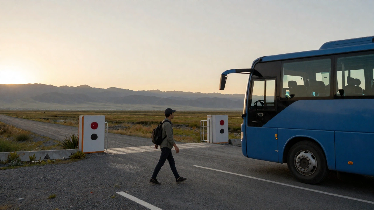 a traveler crossing a border into a new country by bus, with a scenic landscape and border gate