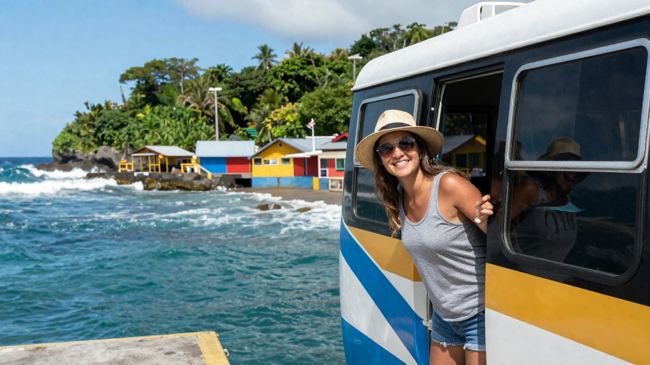 A close-up of a traveler happily boarding a small bus or ferry at a colorful coastal port with tropical greenery and ocean waves, evoking a sense of onward travel by land or sea in Costa Rica.