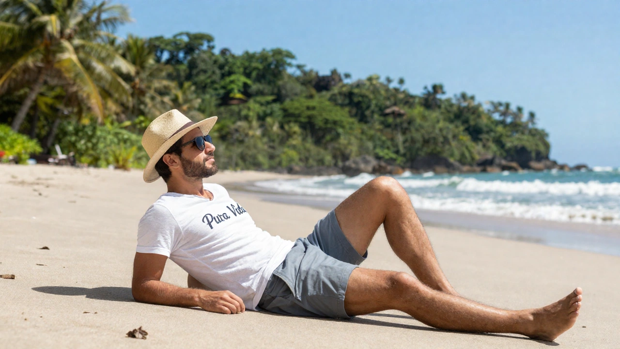 A relaxed traveler enjoying a sunny outdoor setting with a vibrant Costa Rican beach or rainforest in the background, embodying carefree vacation vibes and the spirit of 'Pura Vida'.