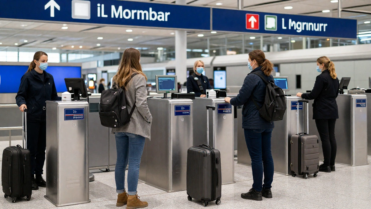 a traveler interacting with UK border control officers at an airport immigration checkpoint, with a backdrop of airport terminal features and suitcases being handled, illustrating the landside transit process.