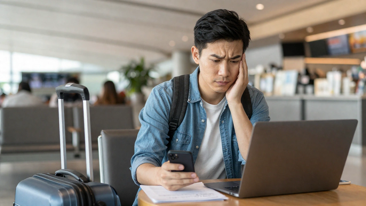 a calm traveler sitting at an airport café or resting area with a laptop or phone, looking relieved and prepared, symbolizing the smart planning and smooth journey enabled by checking visa requirements and securing onward travel documents.