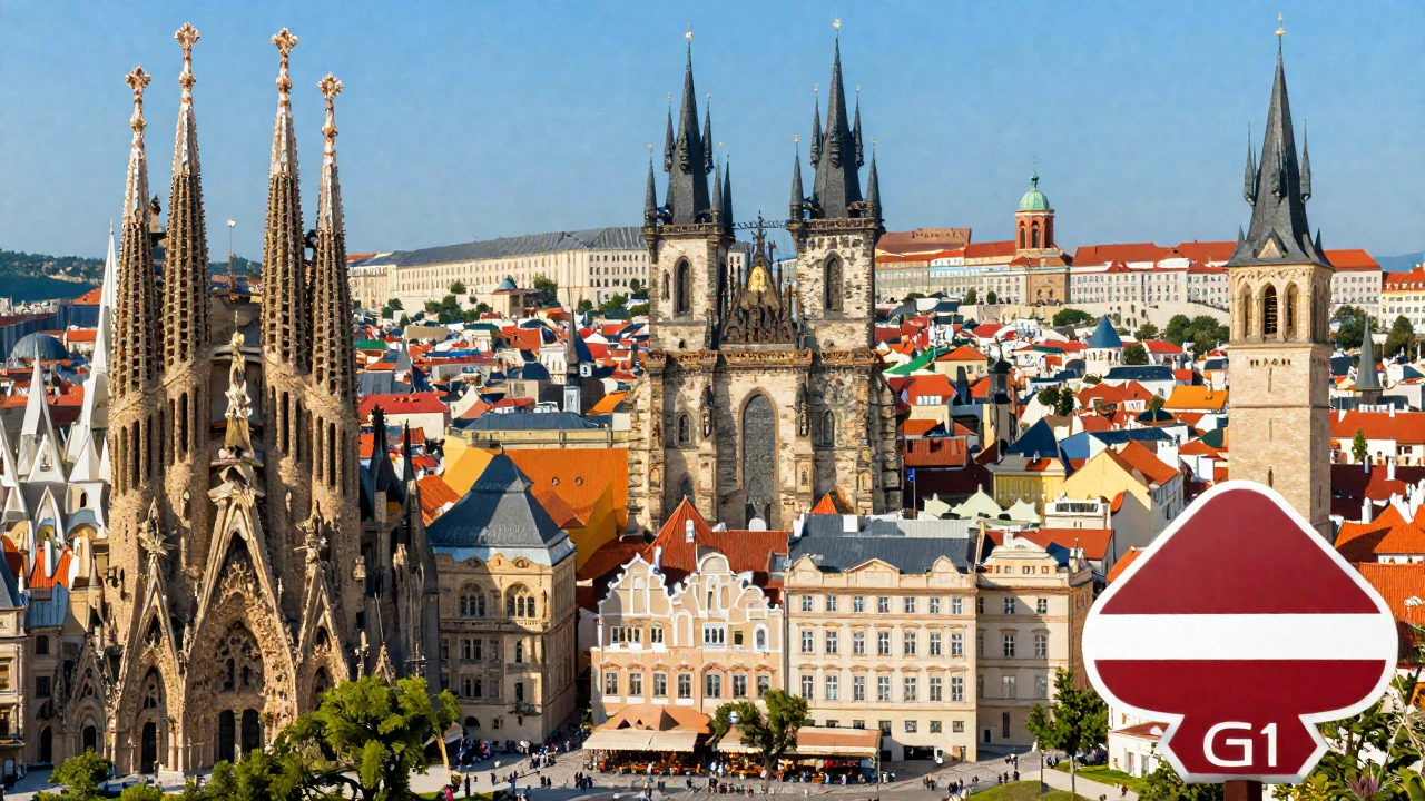 vibrant European cityscape collage featuring iconic landmarks from Spain, the Czech Republic, and Latvia during daylight, symbolizing popular Schengen destinations and their unique cultural atmospheres